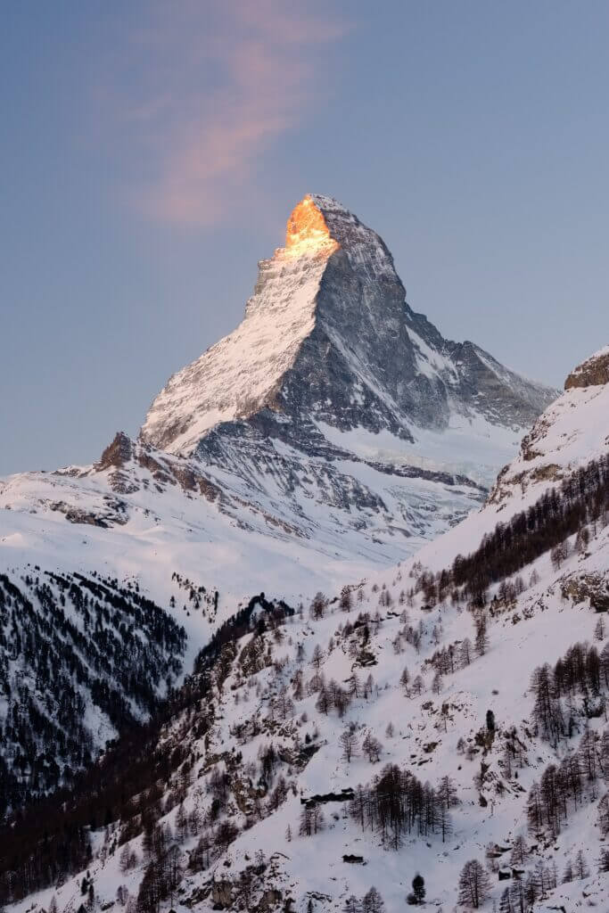 The Matterhorn, located in the Swiss Alps, is one of the most sought after mountains for alpinist climbers. 
