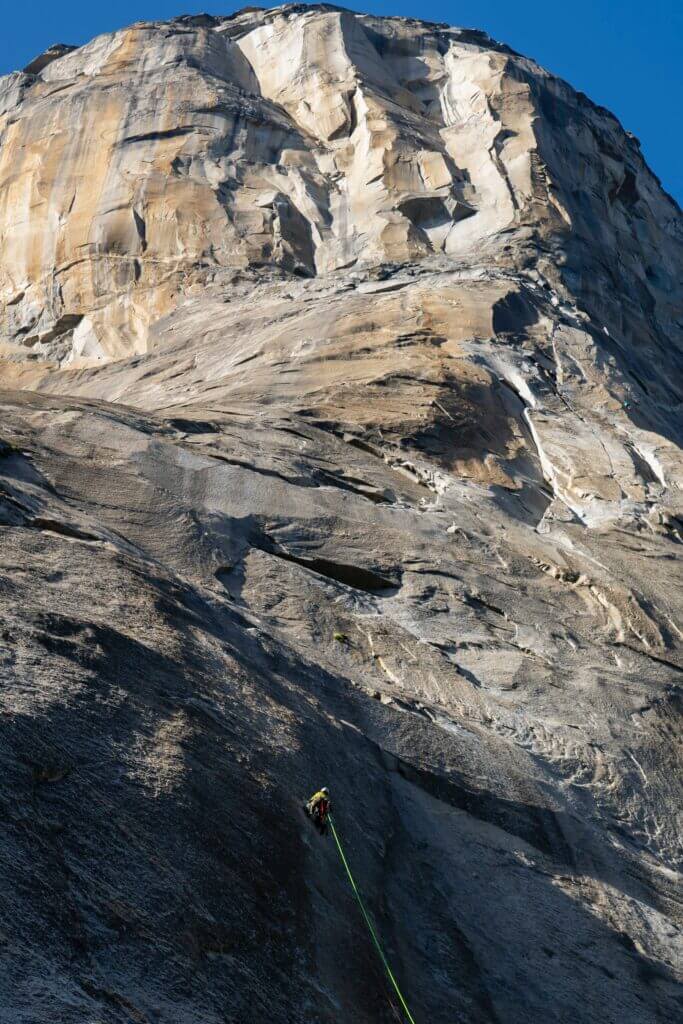 A climber works her way toward the top of El Capitan in Yosemite