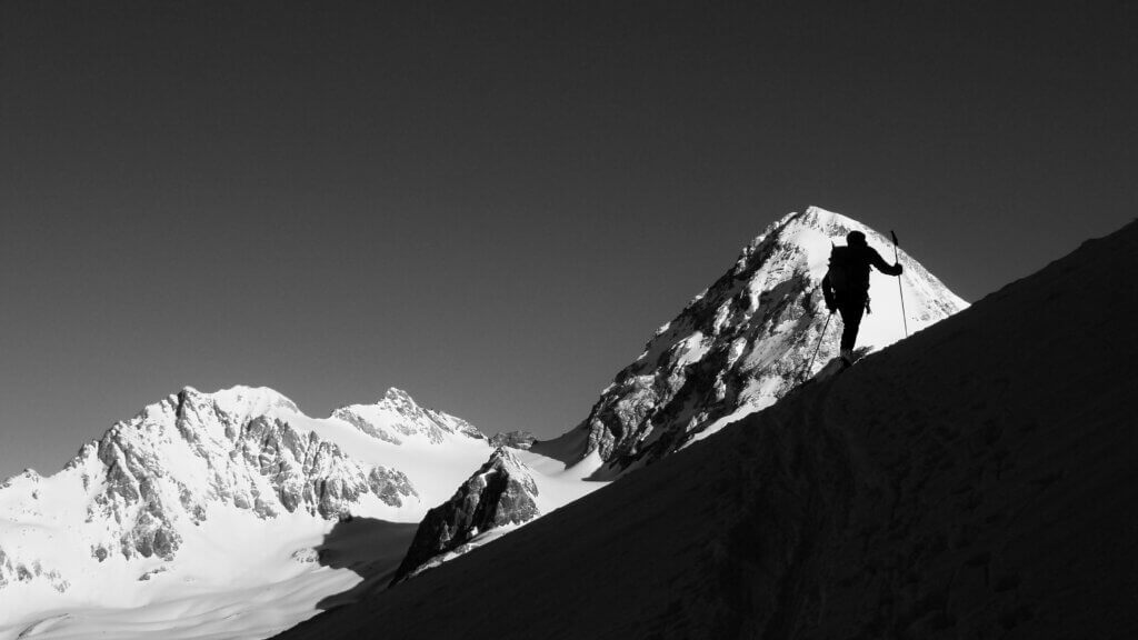 Climbing up the Cevedale by skis, the Gran Zebrù in the background